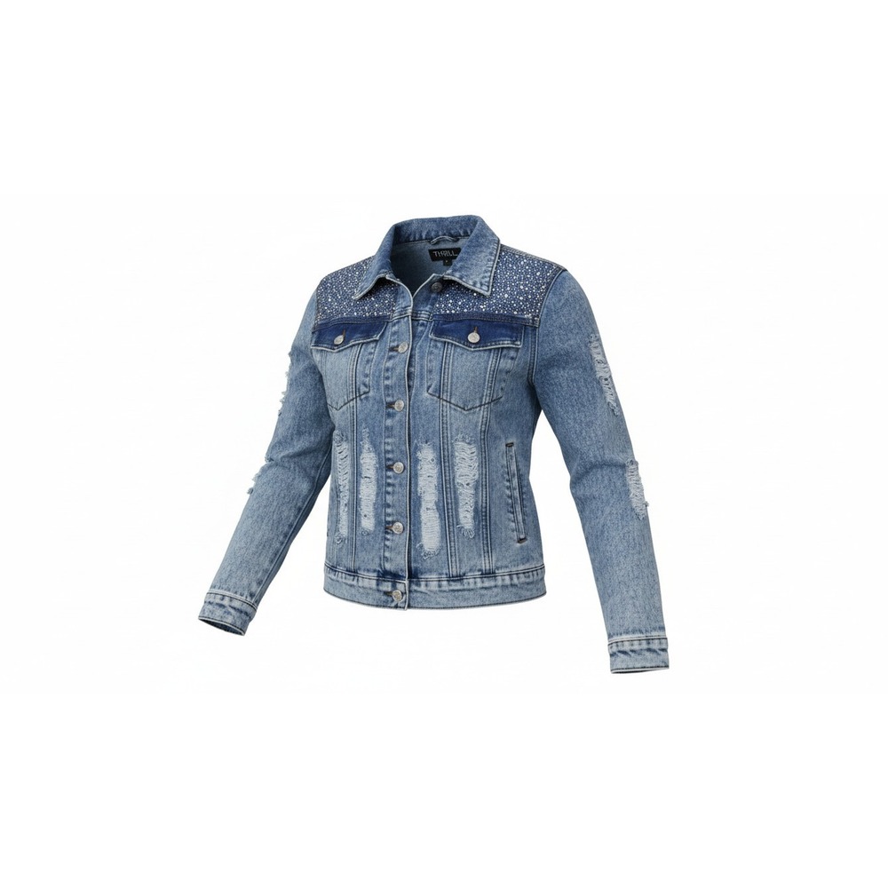Thrill Denim Jacket Womens Large Blue Distressed Rhinestone A200A-1940